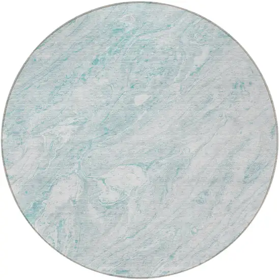 8' Aquamarine Aqua And Ivory Round Abstract Washable Indoor Outdoor Area Rug Photo 4
