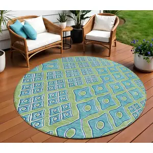 Photo of 8' Artichoke Green And Aqua Round Geometric Washable Indoor Outdoor Area Rug