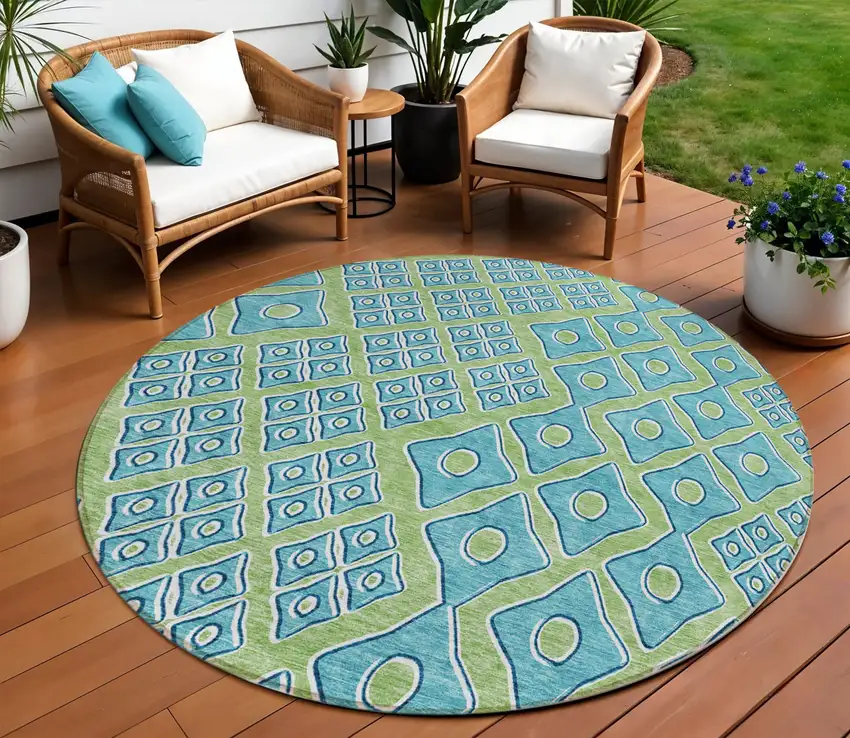 8' Artichoke Green And Aqua Round Geometric Washable Indoor Outdoor Area Rug Photo 1
