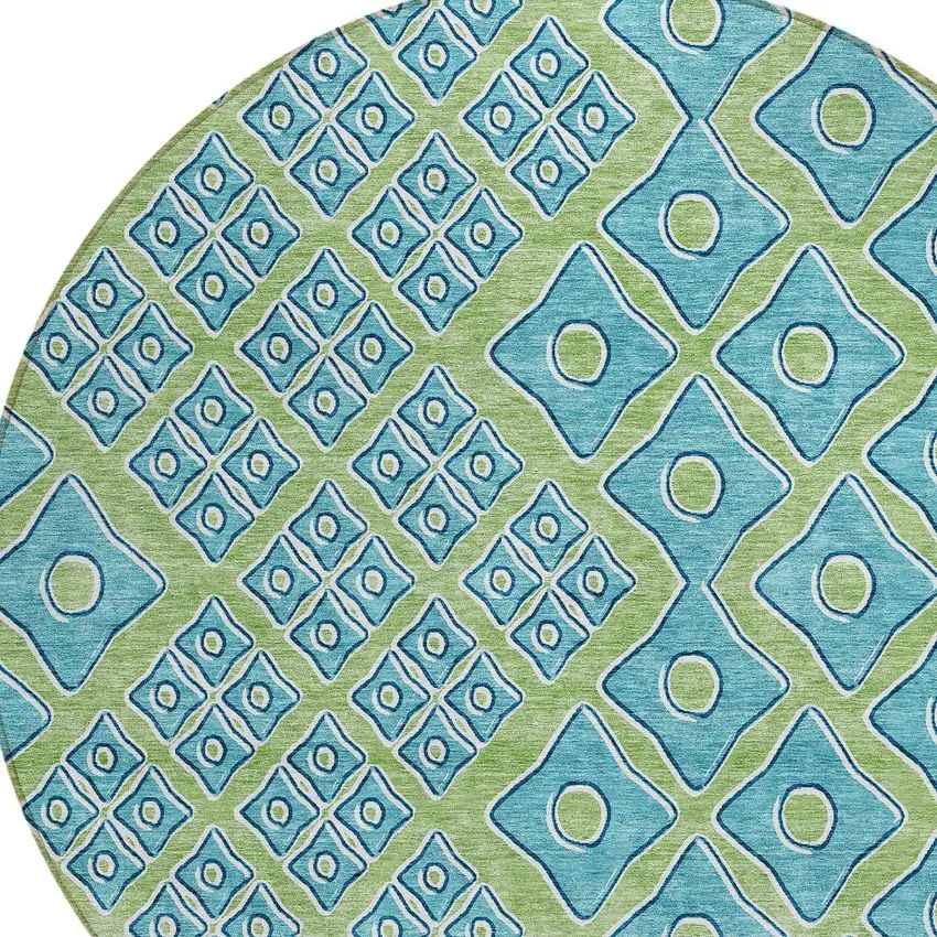 8' Artichoke Green And Aqua Round Geometric Washable Indoor Outdoor Area Rug Photo 4