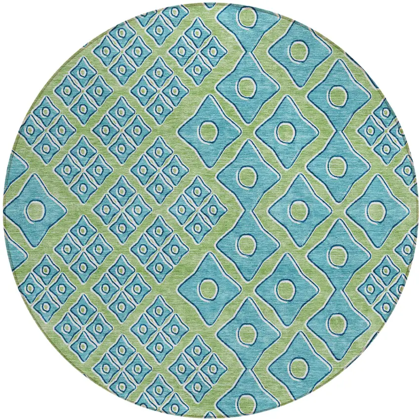 8' Artichoke Green And Aqua Round Geometric Washable Indoor Outdoor Area Rug Photo 2