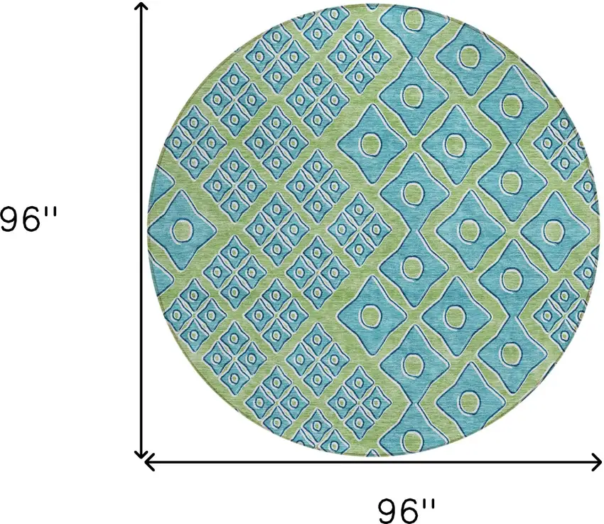 8' Artichoke Green And Aqua Round Geometric Washable Indoor Outdoor Area Rug Photo 3