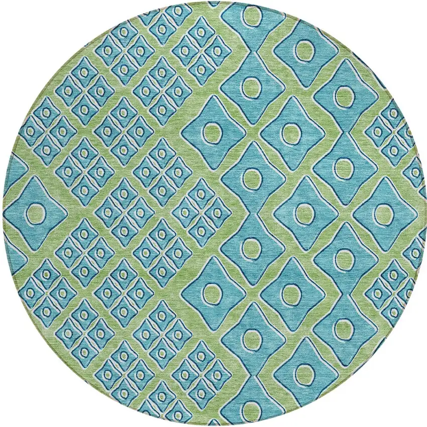 8' Artichoke Green And Aqua Round Geometric Washable Indoor Outdoor Area Rug Photo 6