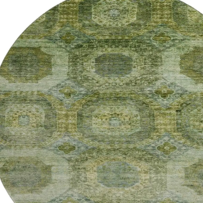 8' Artichoke Green And Beige Abstract Geometric Washable Round Rug With UV Protection Photo 3