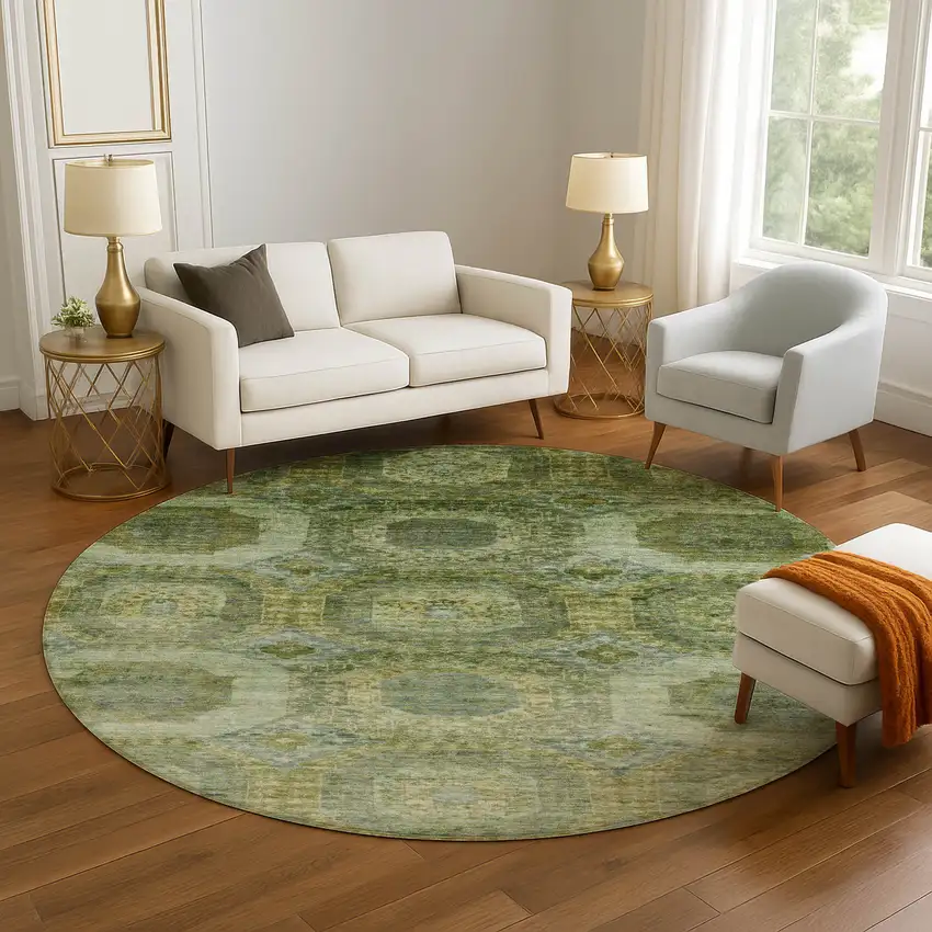 8' Artichoke Green And Beige Abstract Geometric Washable Round Rug With UV Protection Photo 5