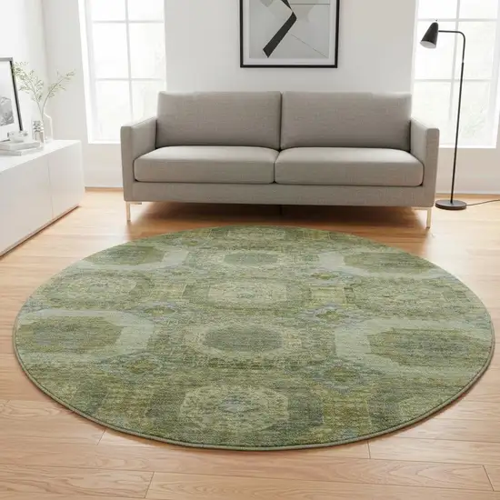 8' Artichoke Green And Beige Abstract Geometric Washable Round Rug With UV Protection Photo 2