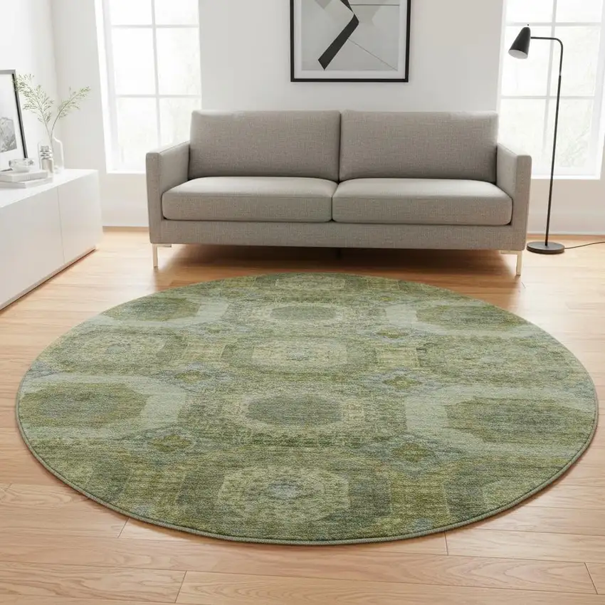 8' Artichoke Green And Beige Abstract Geometric Washable Round Rug With UV Protection Photo 2