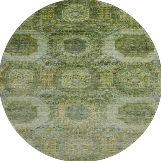 8' Artichoke Green And Beige Abstract Geometric Washable Round Rug With UV Protection Photo 4