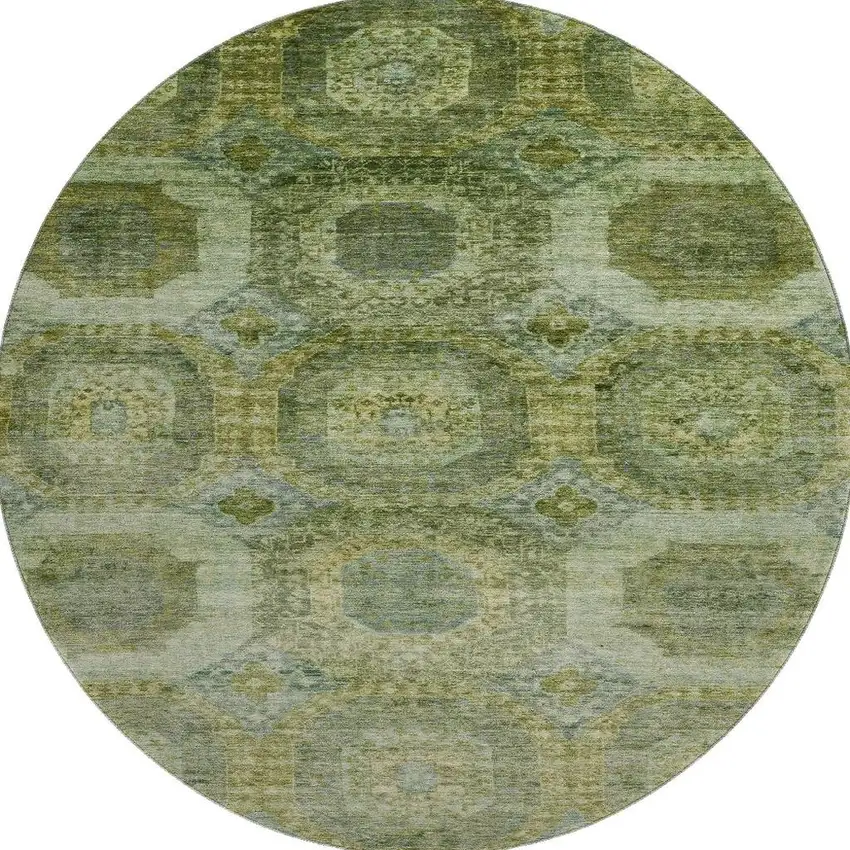 8' Artichoke Green And Beige Abstract Geometric Washable Round Rug With UV Protection Photo 4