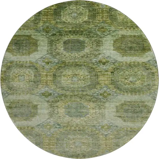 8' Artichoke Green And Beige Abstract Geometric Washable Round Rug With UV Protection Photo 1