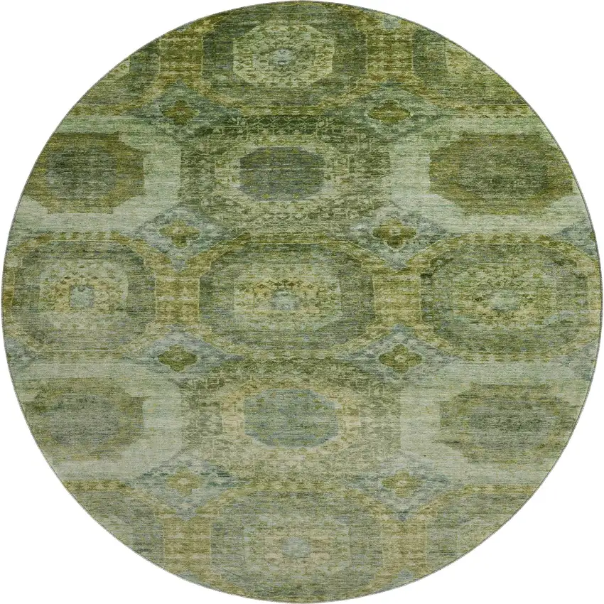 8' Artichoke Green And Beige Abstract Geometric Washable Round Rug With UV Protection Photo 1