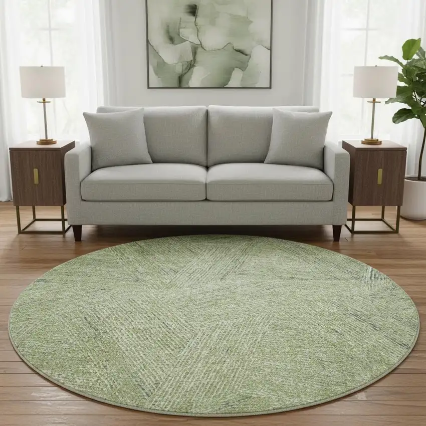 8' Artichoke Green And Beige Abstract Washable Round Rug With UV Protection Photo 2