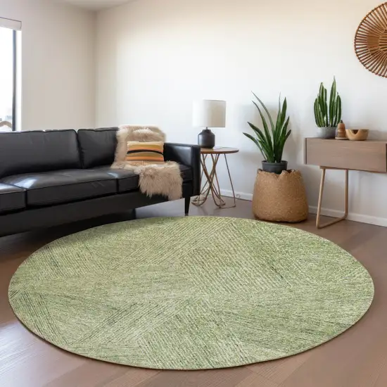8' Artichoke Green And Beige Abstract Washable Round Rug With UV Protection Photo 4