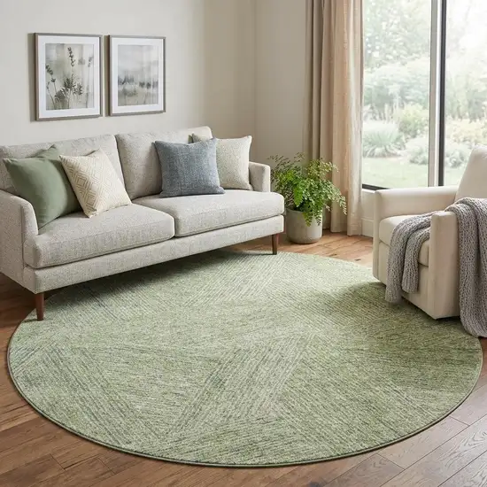 8' Artichoke Green And Beige Abstract Washable Round Rug With UV Protection Photo 1