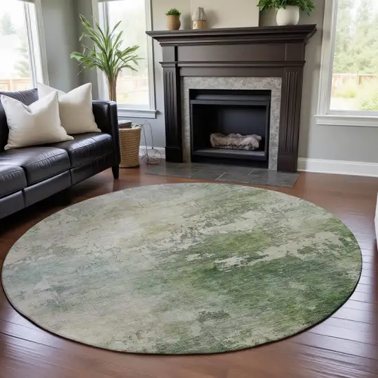 8' Artichoke Green And Beige Abstract Washable Round Rug With UV Protection Photo 4