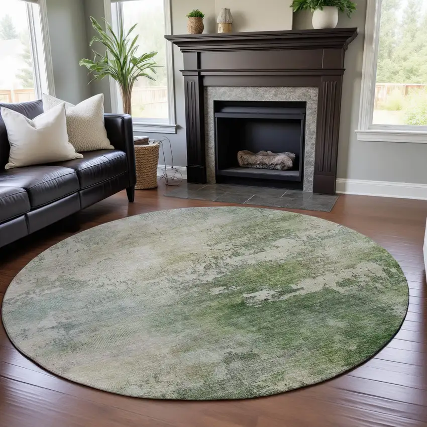 8' Artichoke Green And Beige Abstract Washable Round Rug With UV Protection Photo 4