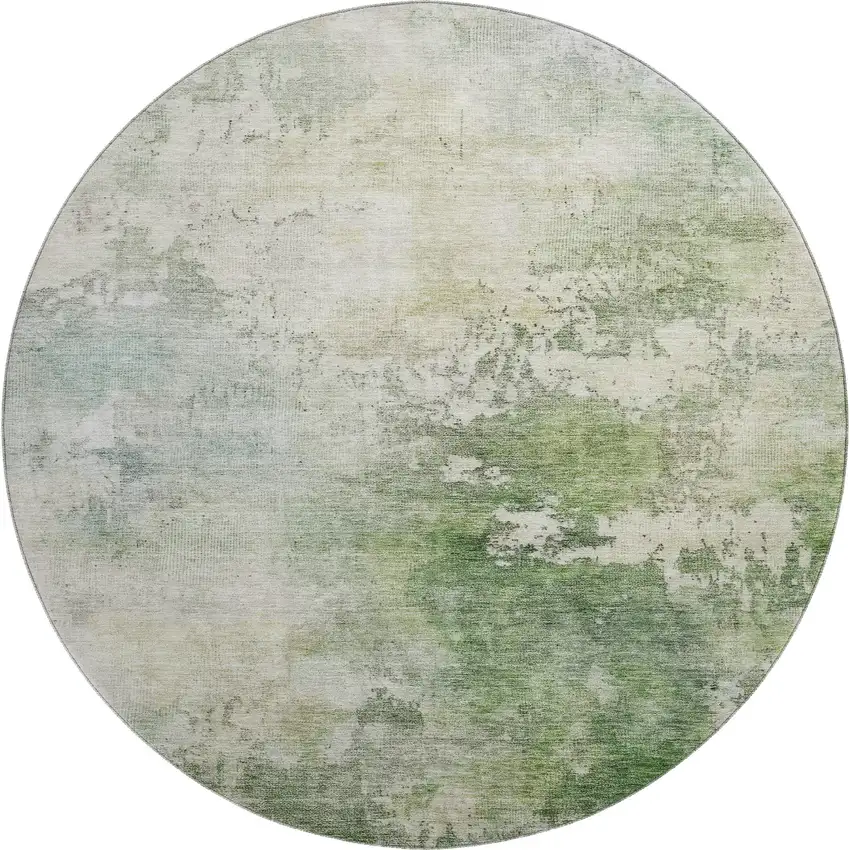 8' Artichoke Green And Beige Abstract Washable Round Rug With UV Protection Photo 1