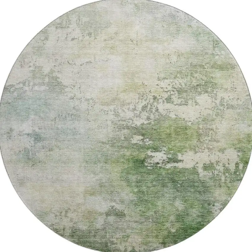 8' Artichoke Green And Beige Abstract Washable Round Rug With UV Protection Photo 3