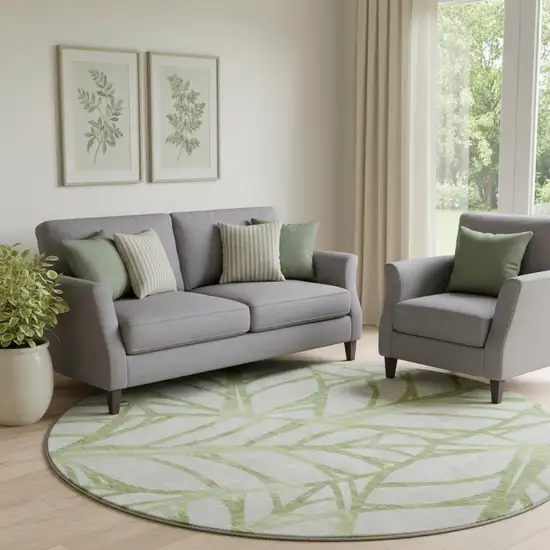 8' Artichoke Green And Beige Floral Washable Round Rug With UV Protection Photo 1