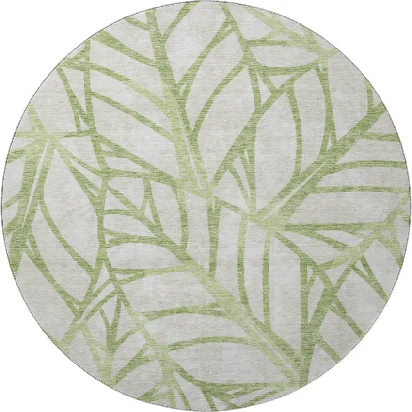 8' Artichoke Green And Beige Floral Washable Round Rug With UV Protection Photo 4