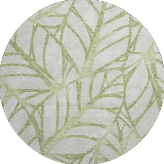 8' Artichoke Green And Beige Floral Washable Round Rug With UV Protection Photo 3