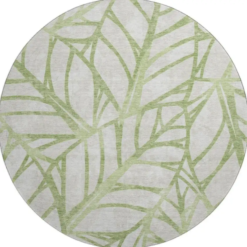 8' Artichoke Green And Beige Floral Washable Round Rug With UV Protection Photo 3