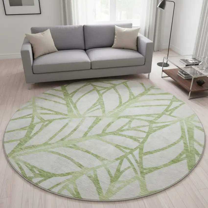 8' Artichoke Green And Beige Floral Washable Round Rug With UV Protection Photo 2