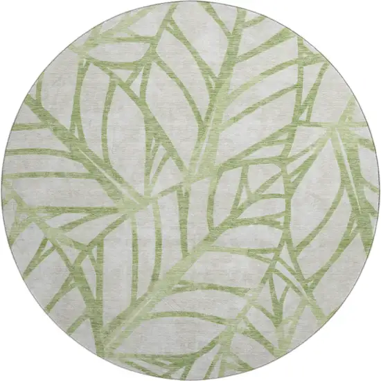 8' Artichoke Green And Beige Floral Washable Round Rug With UV Protection Photo 1