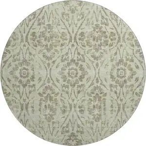 Photo of 8' Artichoke Green And Beige Floral Washable Round Rug With UV Protection