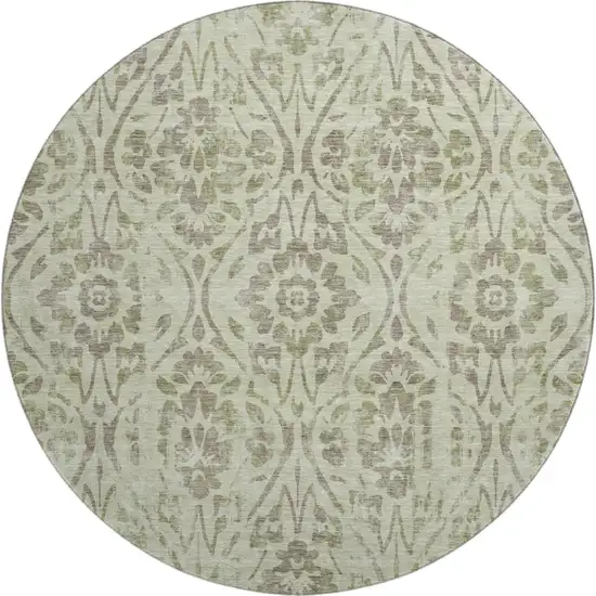 8' Artichoke Green And Beige Floral Washable Round Rug With UV Protection Photo 1
