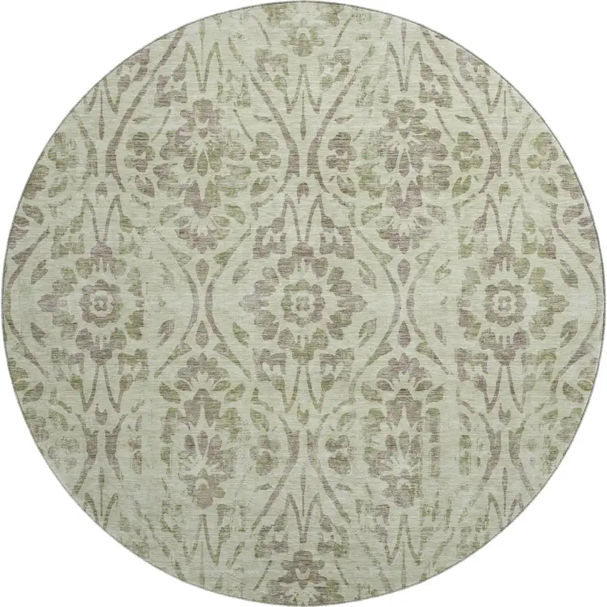 8' Artichoke Green And Beige Floral Washable Round Rug With UV Protection Photo 1