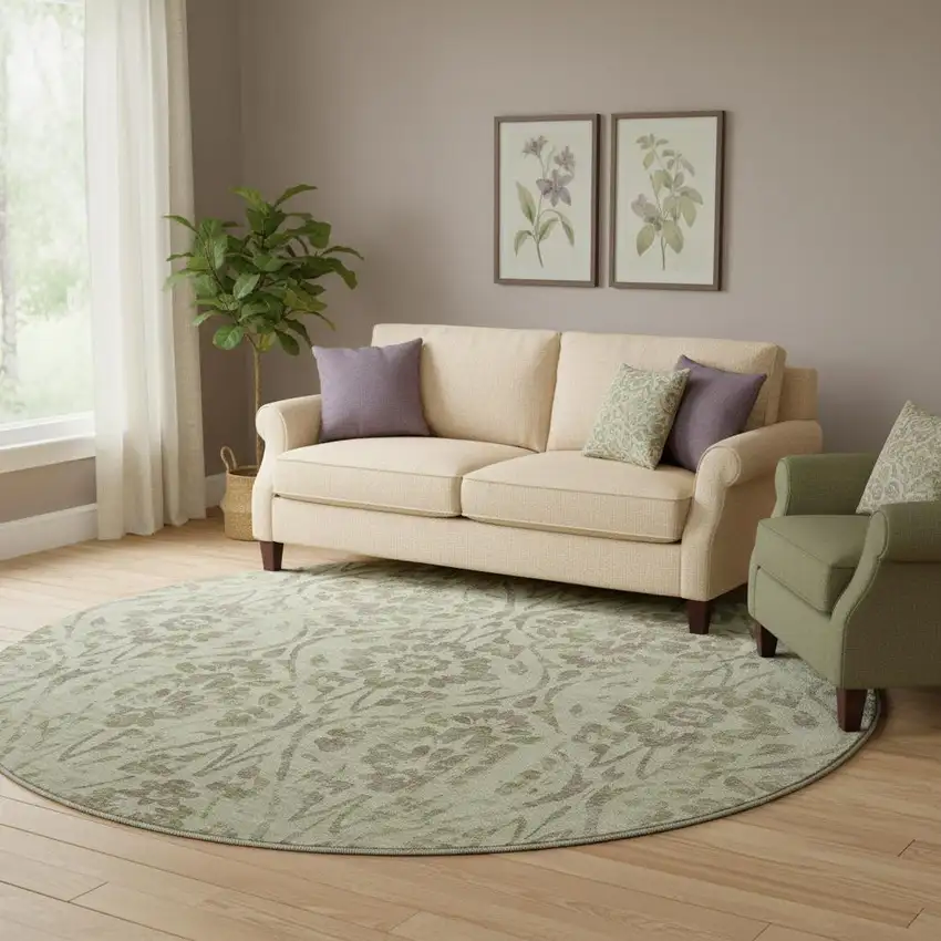 8' Artichoke Green And Beige Floral Washable Round Rug With UV Protection Photo 1