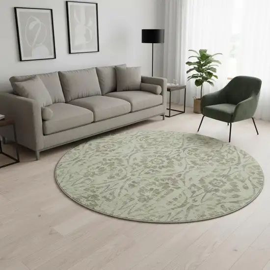 8' Artichoke Green And Beige Floral Washable Round Rug With UV Protection Photo 2