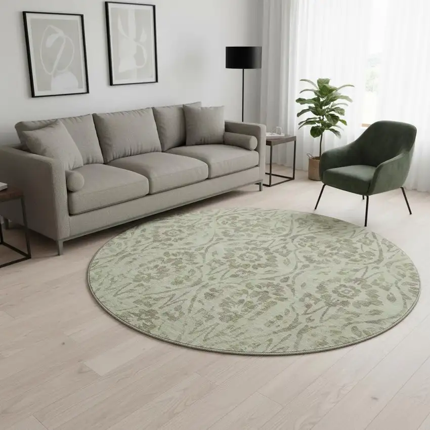 8' Artichoke Green And Beige Floral Washable Round Rug With UV Protection Photo 2