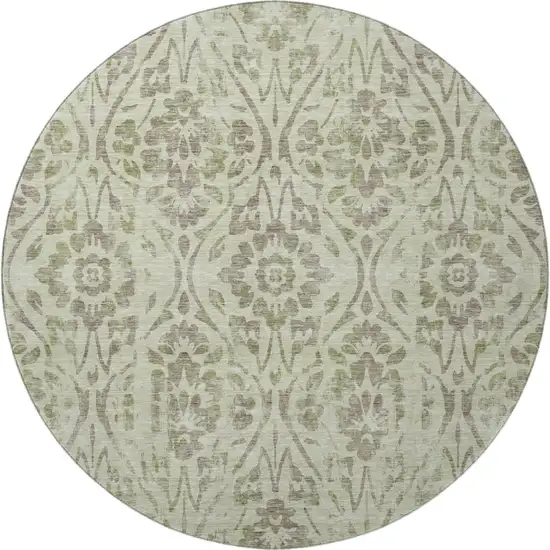 8' Artichoke Green And Beige Floral Washable Round Rug With UV Protection Photo 4