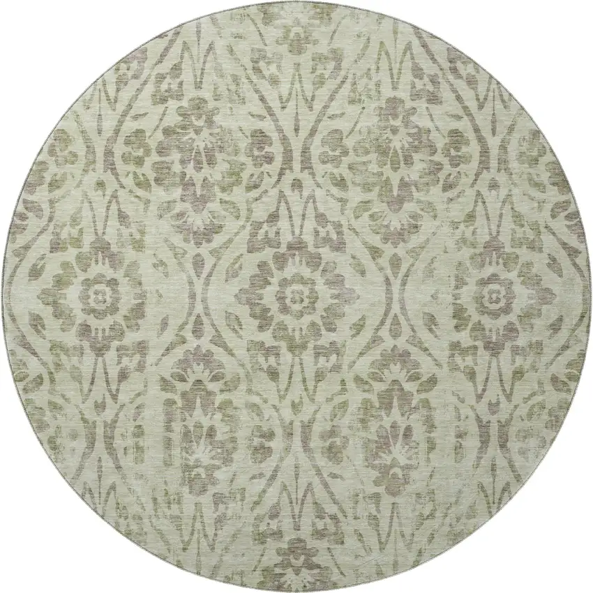 8' Artichoke Green And Beige Floral Washable Round Rug With UV Protection Photo 4