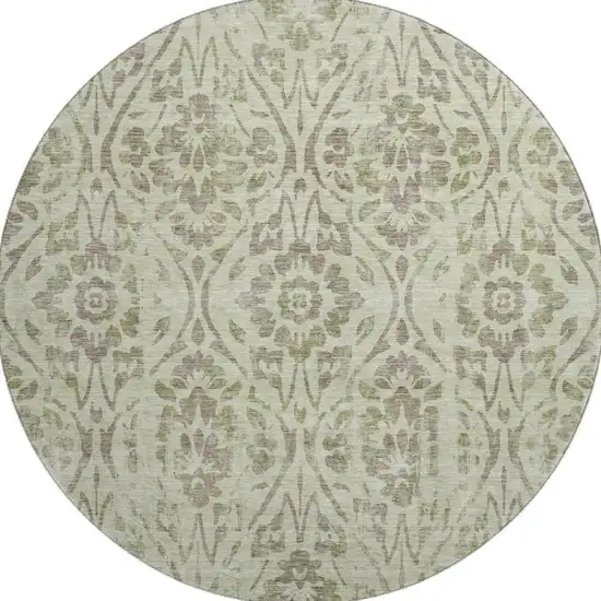8' Artichoke Green And Beige Floral Washable Round Rug With UV Protection Photo 3