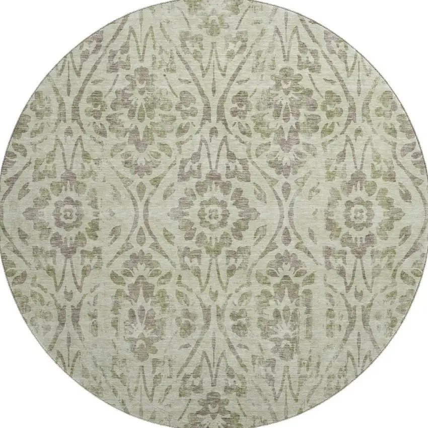 8' Artichoke Green And Beige Floral Washable Round Rug With UV Protection Photo 3