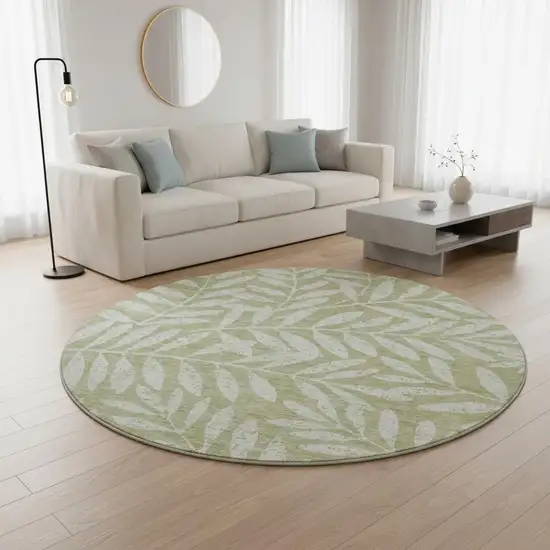 8' Artichoke Green And Beige Floral Washable Round Rug With UV Protection Photo 2