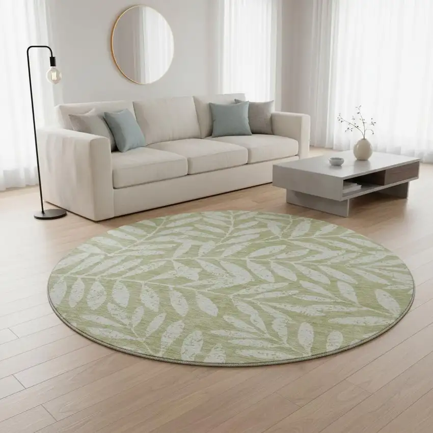 8' Artichoke Green And Beige Floral Washable Round Rug With UV Protection Photo 2