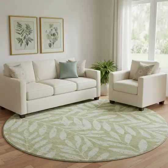 8' Artichoke Green And Beige Floral Washable Round Rug With UV Protection Photo 1