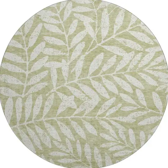 8' Artichoke Green And Beige Floral Washable Round Rug With UV Protection Photo 4
