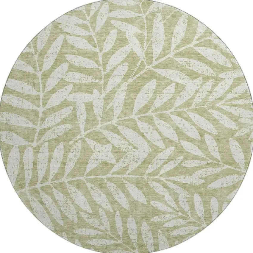 8' Artichoke Green And Beige Floral Washable Round Rug With UV Protection Photo 4