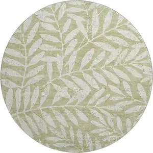 Photo of 8' Artichoke Green And Beige Floral Washable Round Rug With UV Protection