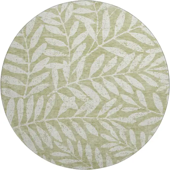 8' Artichoke Green And Beige Floral Washable Round Rug With UV Protection Photo 1