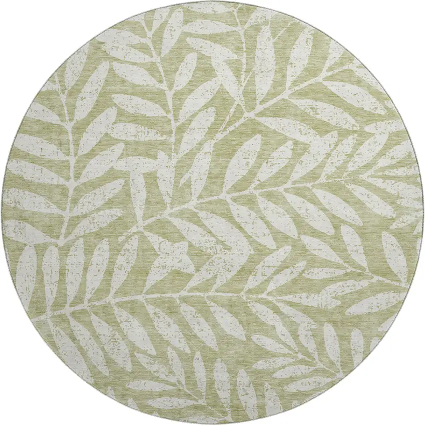 8' Artichoke Green And Beige Floral Washable Round Rug With UV Protection Photo 1