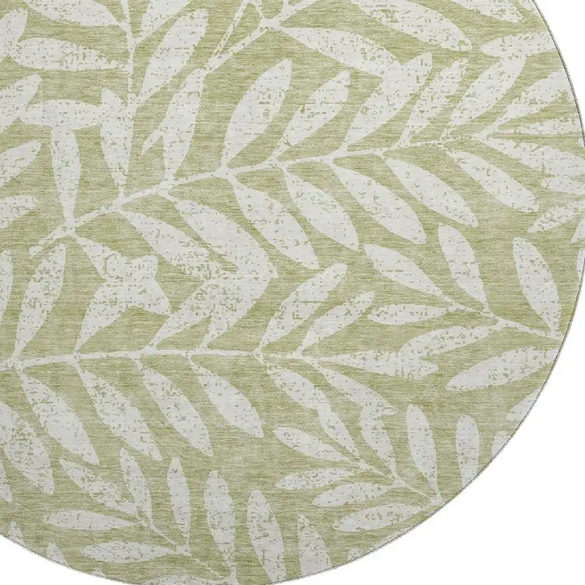 8' Artichoke Green And Beige Floral Washable Round Rug With UV Protection Photo 3