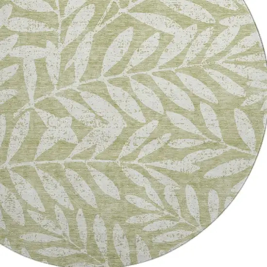 8' Artichoke Green And Beige Floral Washable Round Rug With UV Protection Photo 3