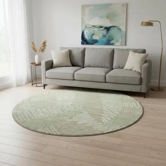 8' Artichoke Green And Beige Floral Washable Round Rug With UV Protection Photo 2