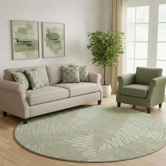 8' Artichoke Green And Beige Floral Washable Round Rug With UV Protection Photo 1